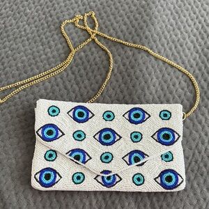 Chic Beaded Eye Design Clutch with Gold Chain